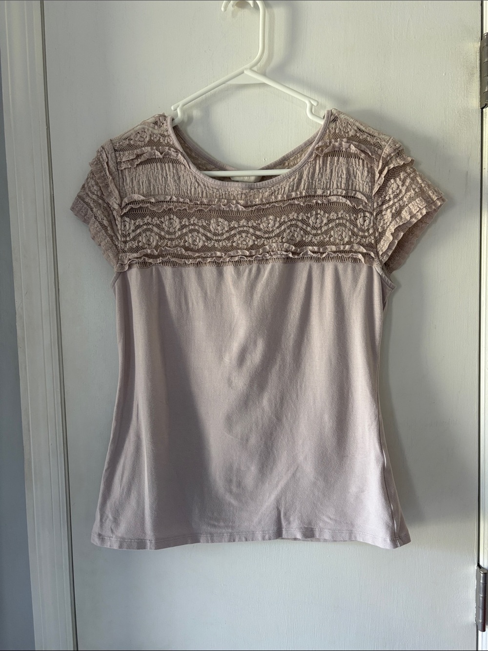 H&M Lace Yoke Short Sleeve Top - Light Blush